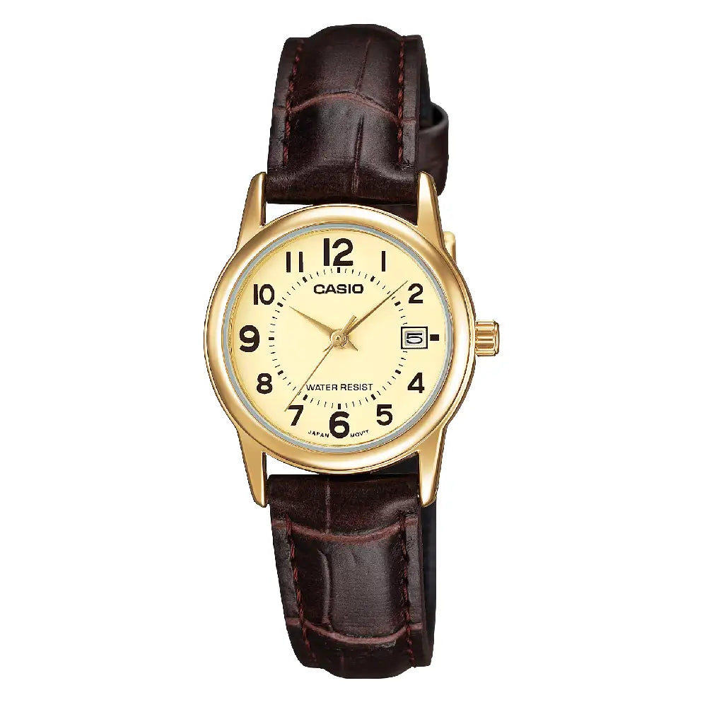 Casio Enticer Ladies Analog LTP-V002GL-9BUDF Gold Dial Leather Strap Women's Watch