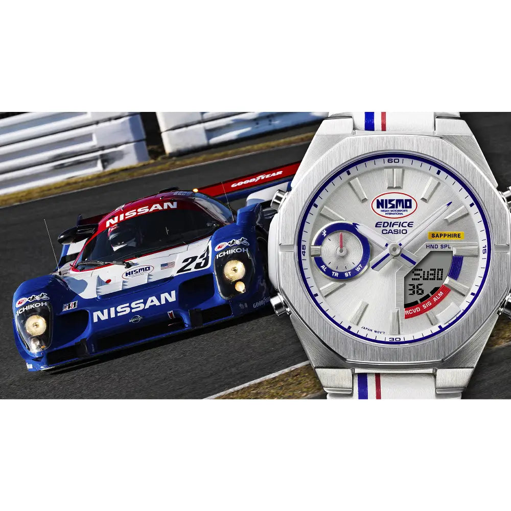 Casio Edifice Limited Edition "NISMO Heritage" ECB-S10NIS-7 Analog-Digital Solar Bluetooth White Dial 43mm Leather Strap Men's Watch
