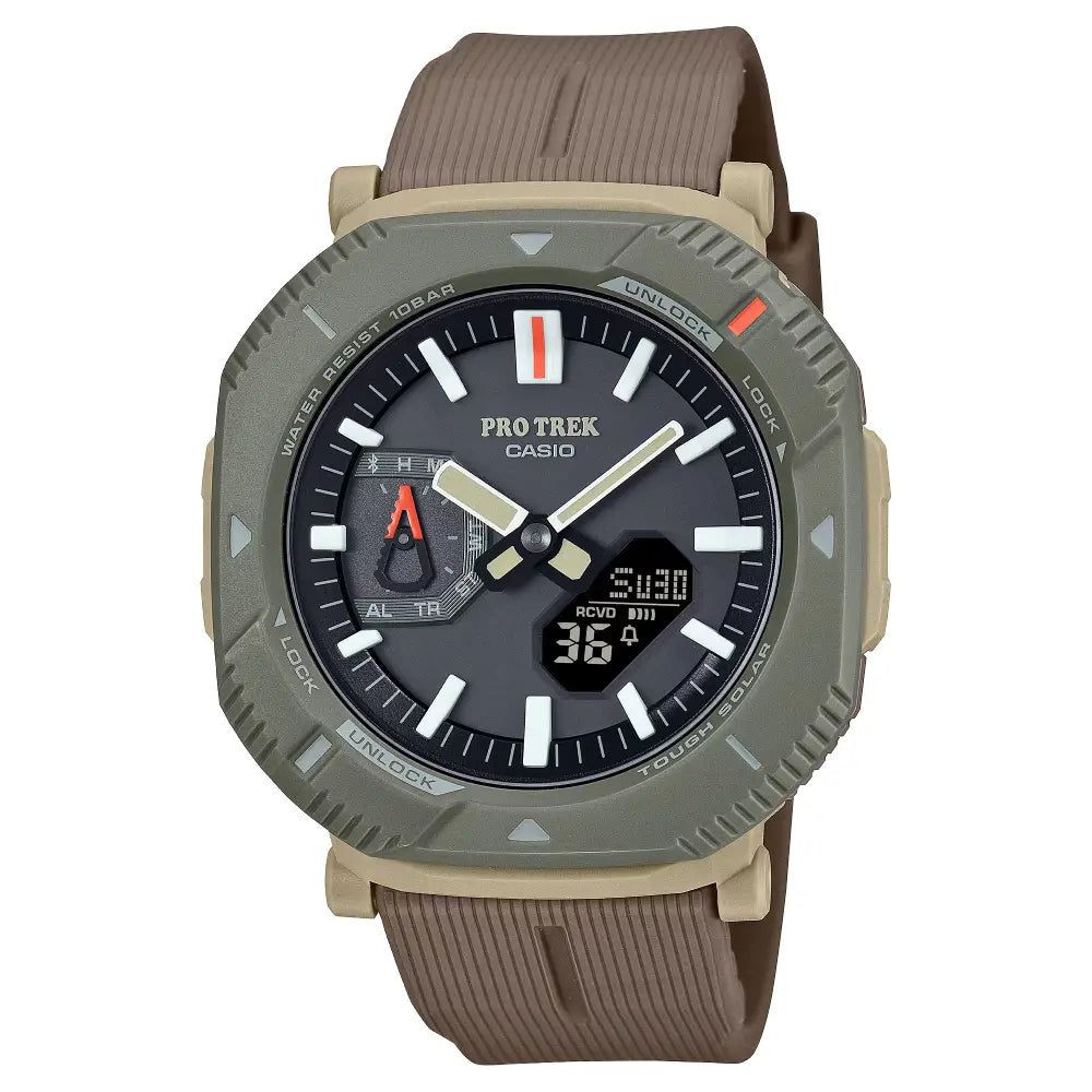 Casio ProTrek PRJ-B001B-5DR Analog-Digital Solar Bluetooth "Rotary Guard" Brown Dial Cloth Bungee Strap Men's Watch