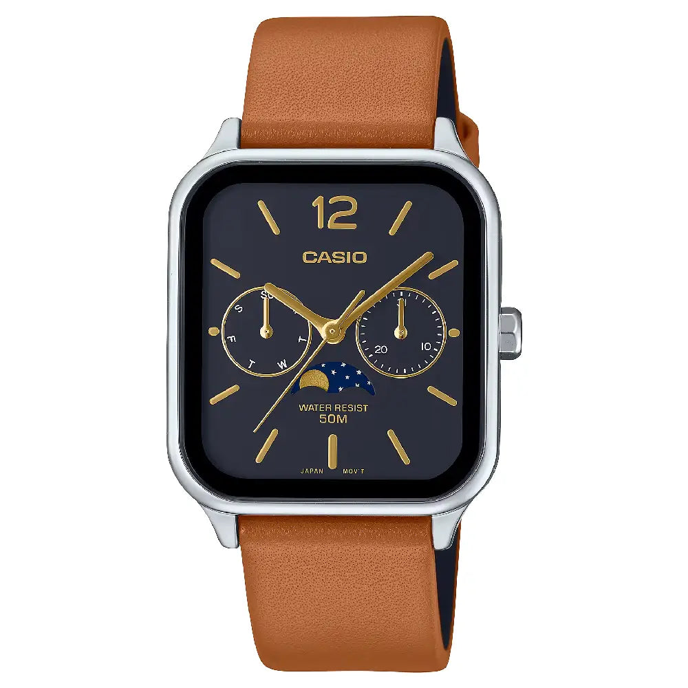 Casio Enticer MTP-M305L-1AVDF Multi-Hand Moon Phase Analog Black Dial Leather Strap Men's Watch