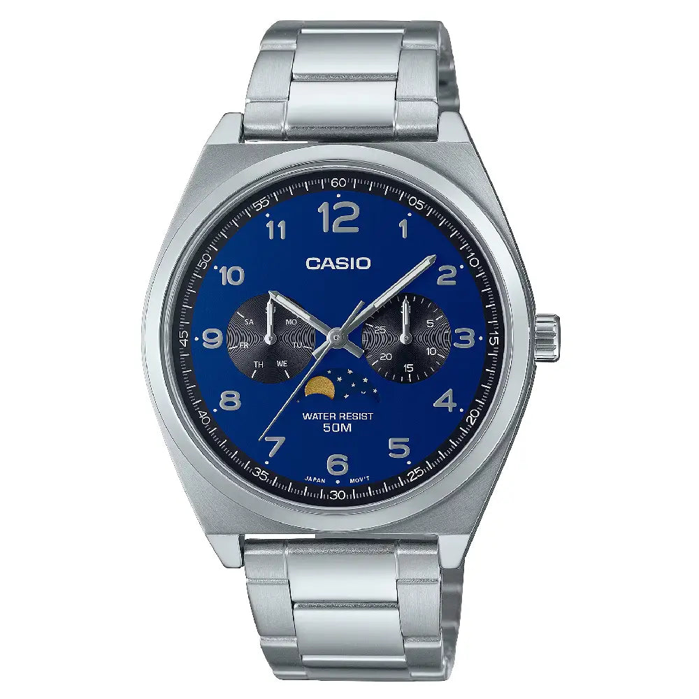 Casio Enticer MTP-M300D-2AVDF Multi-Hand Moon Phase Analog Blue Dial Stainless Steel Men's Watch