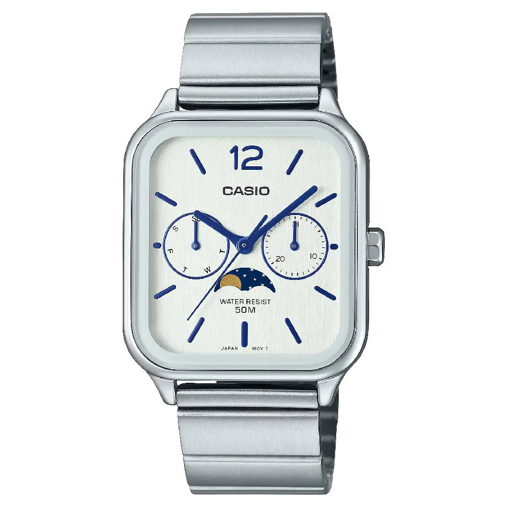 Casio Enticer MTP-M305D-7AVDF Multi-Hand Moon Phase Analog White Dial Stainless Steel Men's Watch