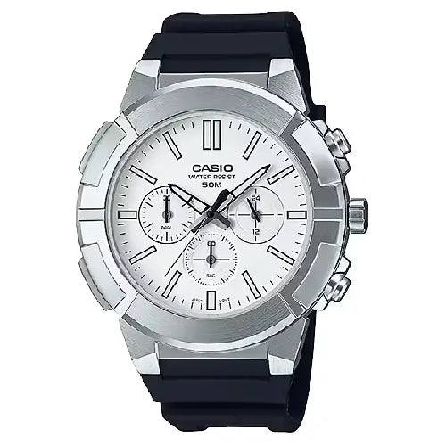 Casio Enticer MTP-E500-7AVDF Chronograph Analog White Dial Resin Strap Men's Watch
