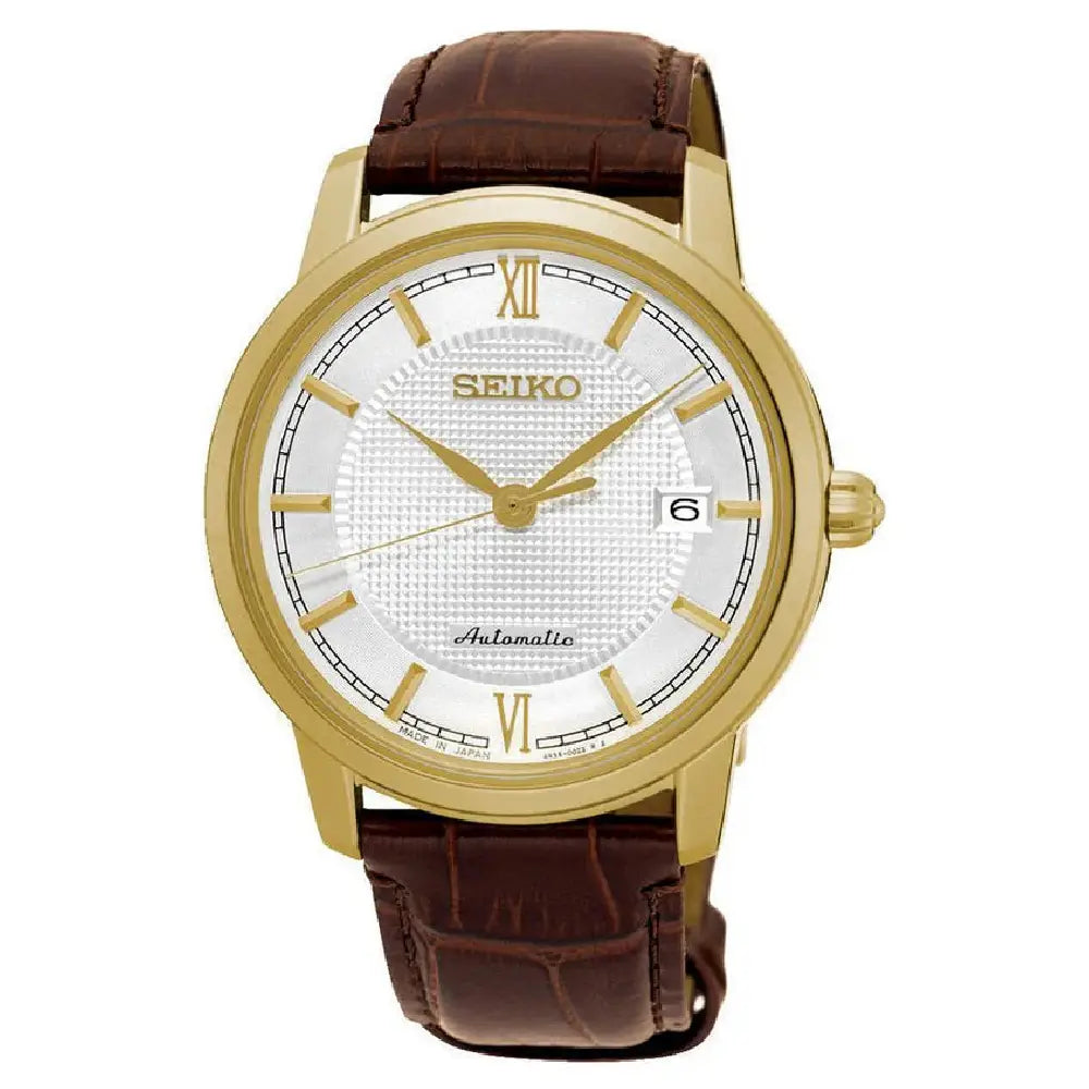 Seiko Presage SRPA14J1 automatic white dial men’s watch with leather strap
