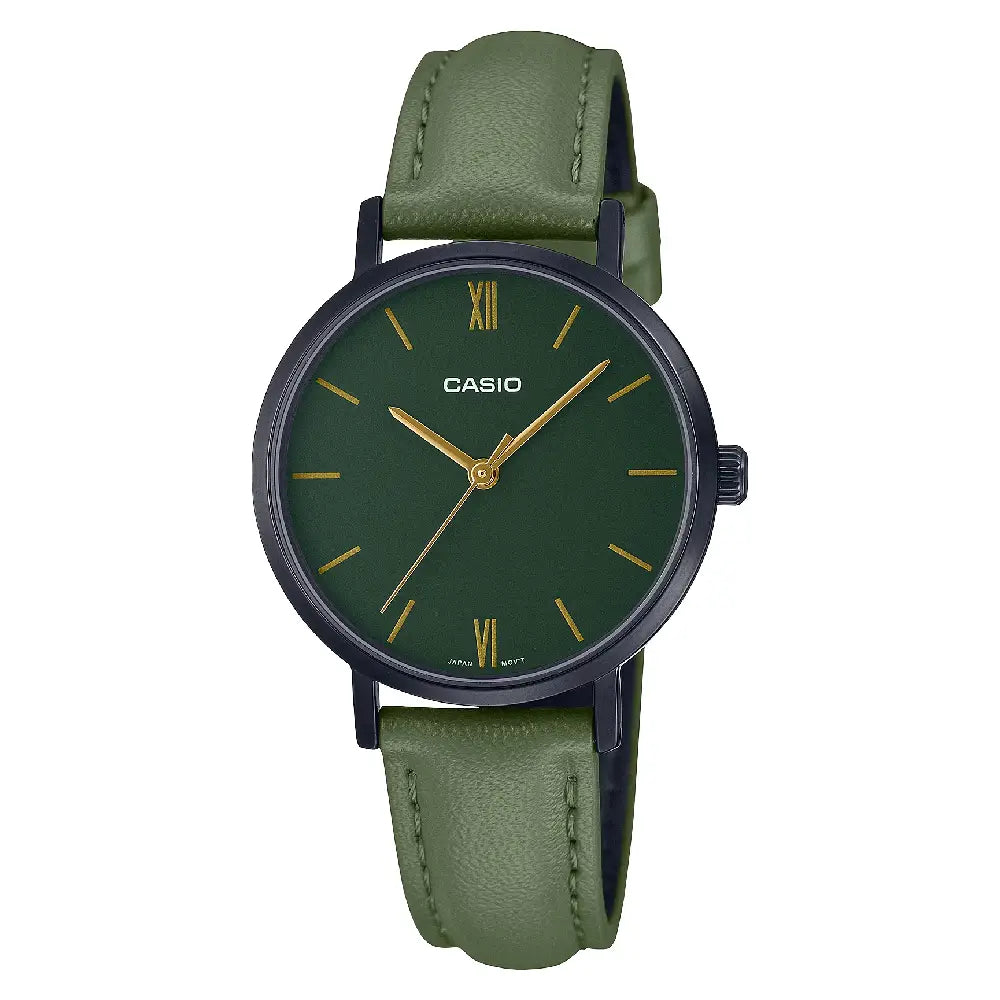 Casio Enticer Analog Minimalist LTP-VT02BL-3AUDF Green Dial Leather Strap Women's Watch