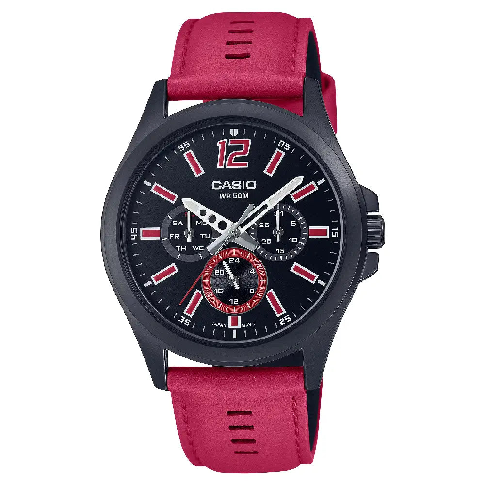 Casio Enticer MTP-E350BL-1BDF Multi-Function Analog Black Dial Leather Strap Men's Watch