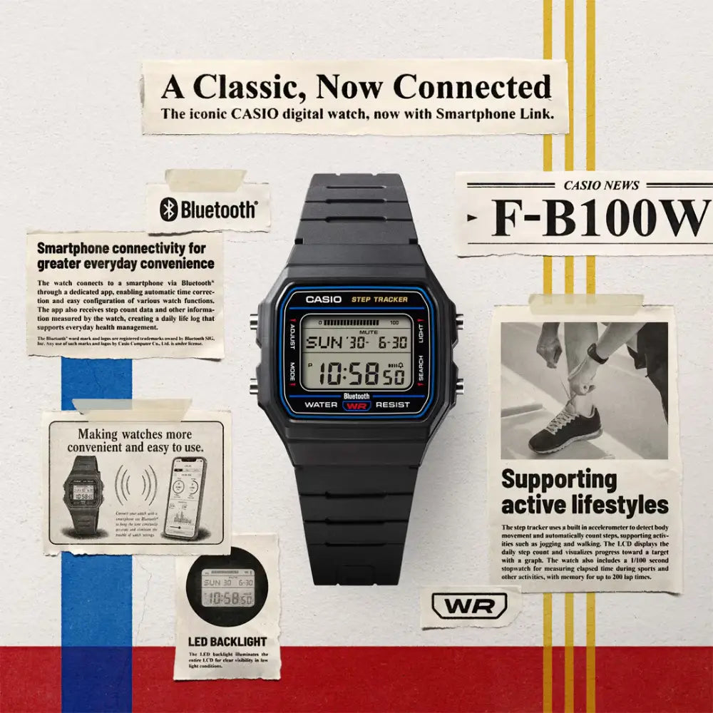 Casio F-B100W-1A digital watch display showing time, date and step counter