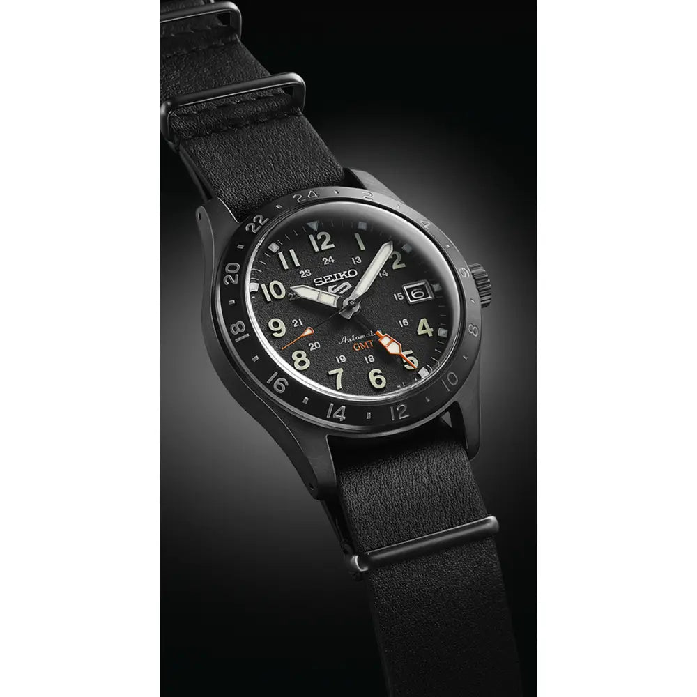 Seiko SBSC013 SSK025 39.4mm black dial GMT watch leather strap close up