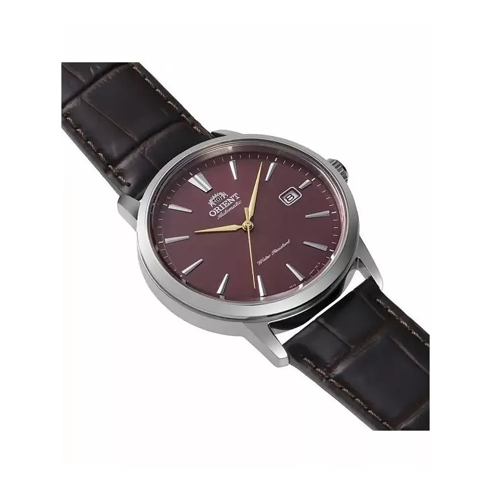 Orient RA-AC0F15R30B red dial men's watch front view leather strap