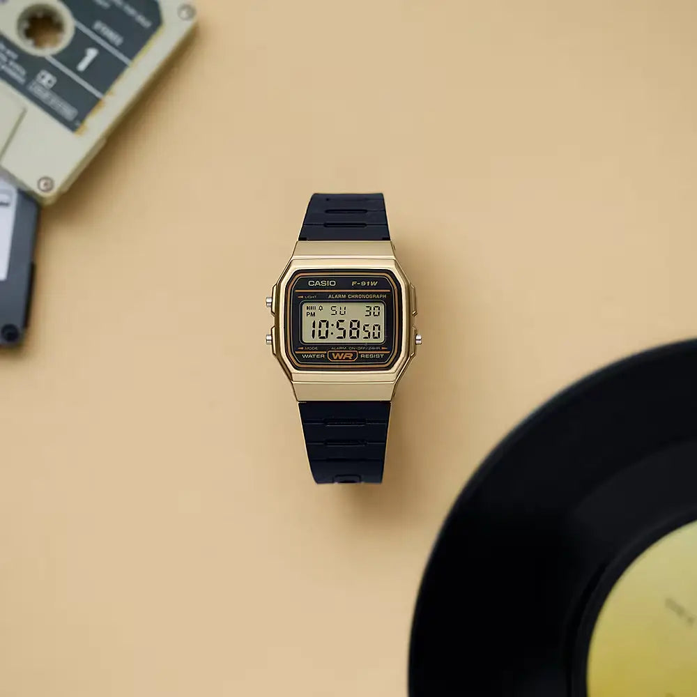 Casio Vintage Digital F-91WM-9ADF Gold Dial Resin Strap Unisex Watch