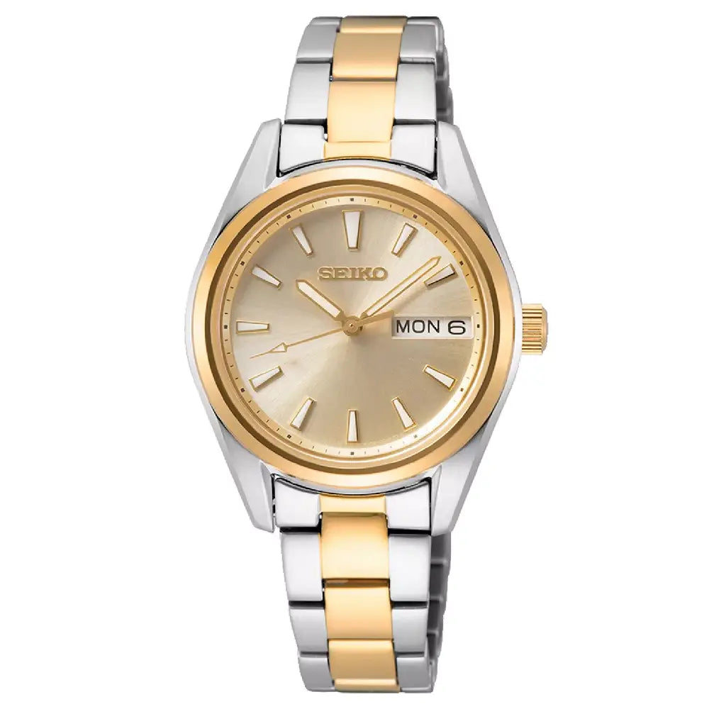 Seiko Classic SUR354P1 Quartz Day-Date Gold Dial 30mm Stainless Steel Women's Watch