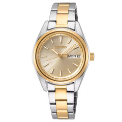 Seiko Classic SUR354P1 Quartz Day-Date Gold Dial 30mm Stainless Steel Women's Watch