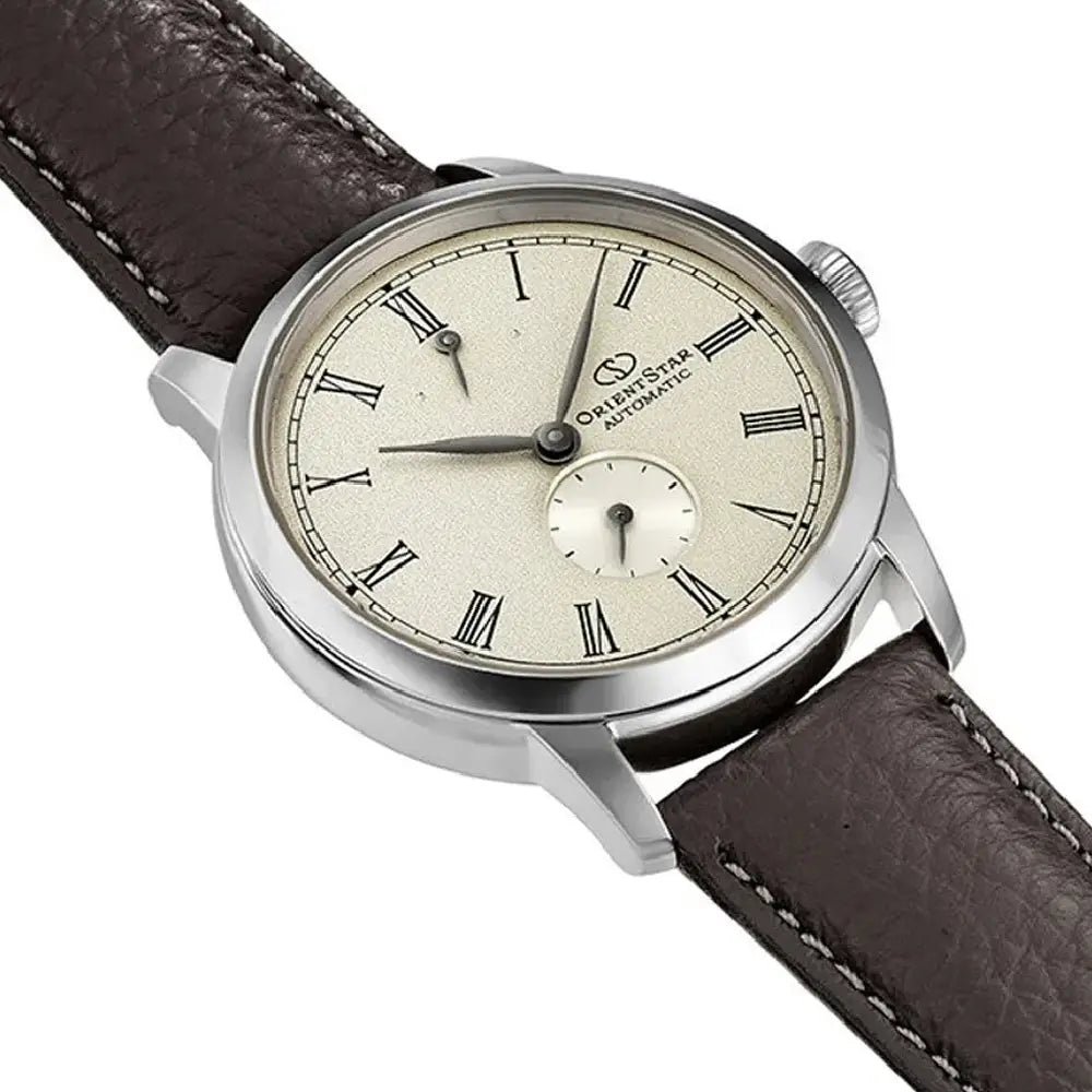 Orient Star RE-BS0002S00B semi-skeleton watch ivory dial leather strap