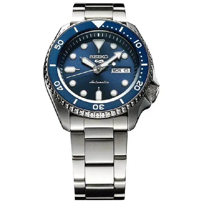 Seiko 5 Sports SBSA001 navy dial stainless steel men's watch front view