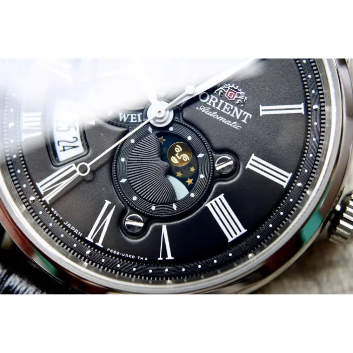 Orient "Sun & Moon Version 3" RA-AK0010B Black Dial 42.5mm Leather Strap Men's Watch