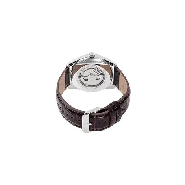 Orient RA-BA0005S30B white dial watch brown leather strap detail