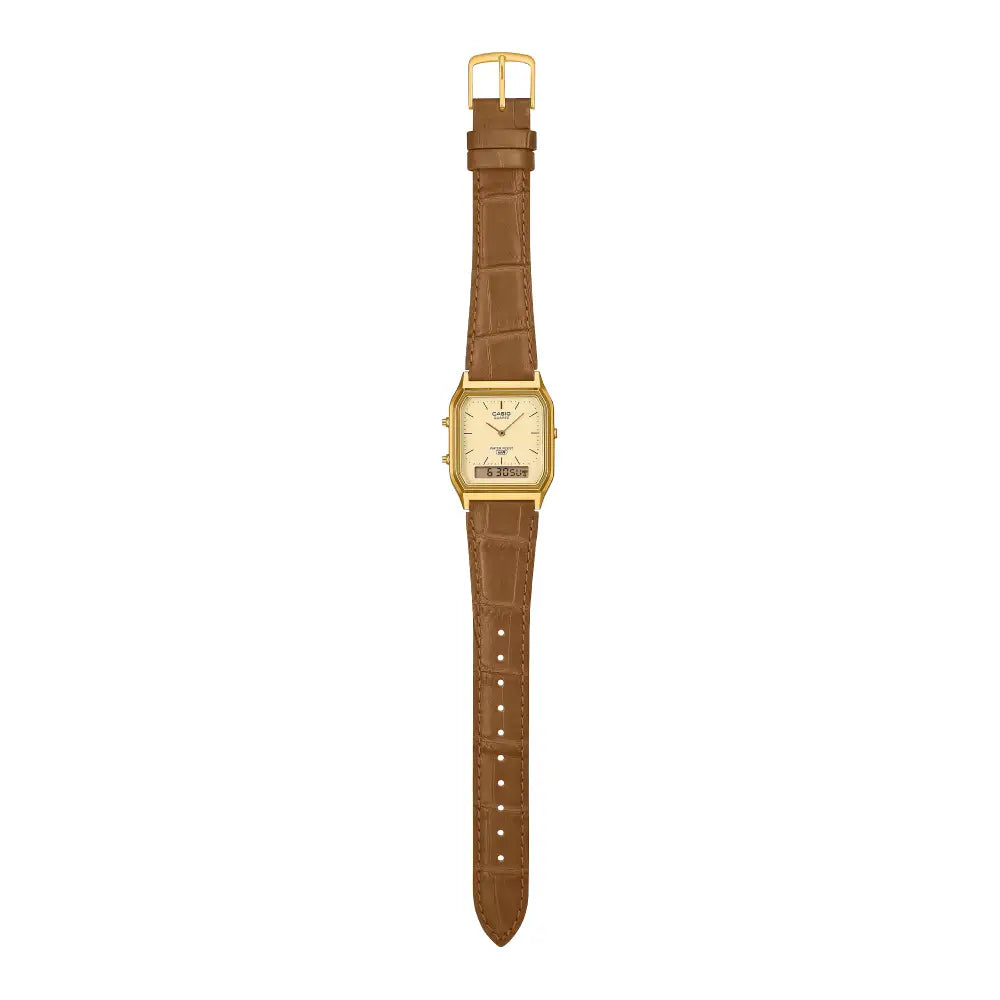 Casio Vintage Analog-Digital AQ-230EGL-9ADF Gold Dial 29.8mm Brown Leather Strap Men's Watch