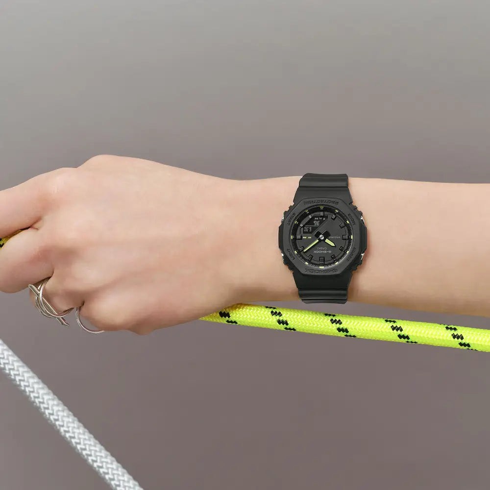 Casio G Shock GMA-P2100SA-1A2 Analog-Digital "Compact CasiOak" Black Dial Neon Yellow Accents Resin Strap Women's Watch