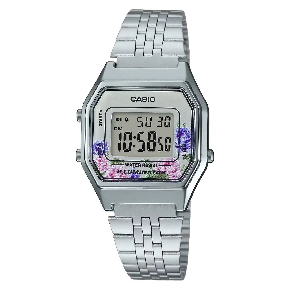 Casio Vintage Digital Mini LA680WA-4CDF Floral Face 28.6mm Stainless Steel Women's Watch