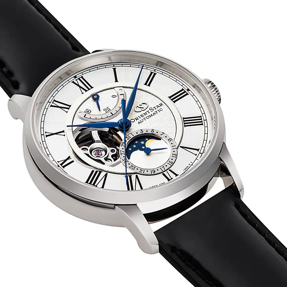 Orient Star RE-AY0106S00B white dial 41mm stainless steel automatic men’s watch moon phase open heart front view