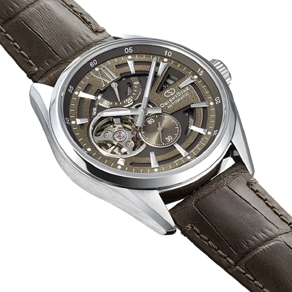 Orient Star RE-AV0139Y00B skeleton watch brown dial leather strap