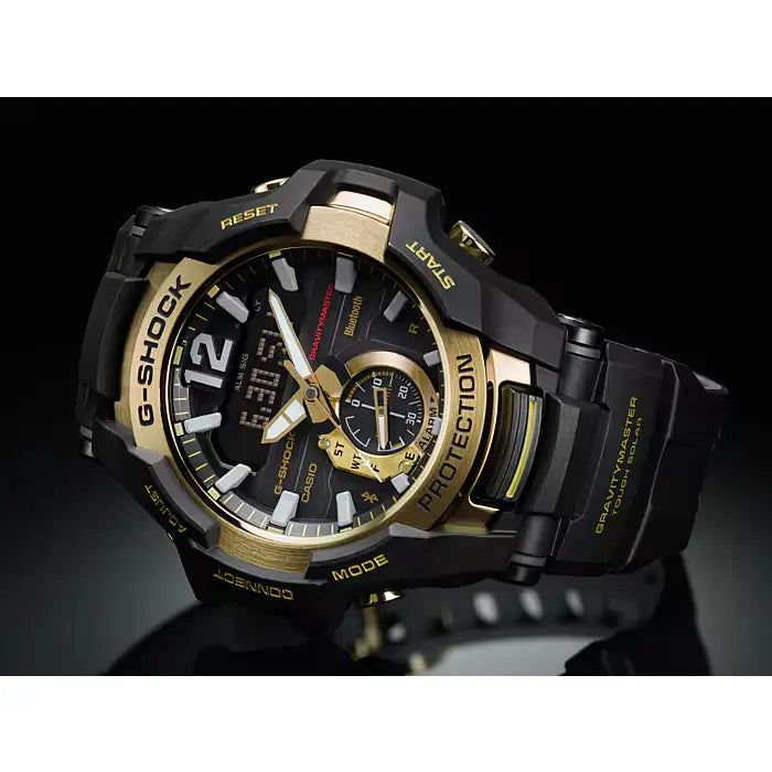 Casio G-Shock Gravitymaster GR-B100GB-1A Analog-Digital Tough Solar Bluetooth Black and Gold 53.8mm Resin Strap Men's Watch