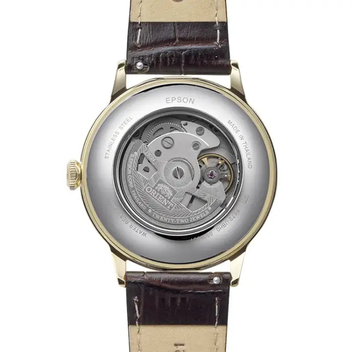 Orient RA-AC0028S mens watch with white dial and leather strap