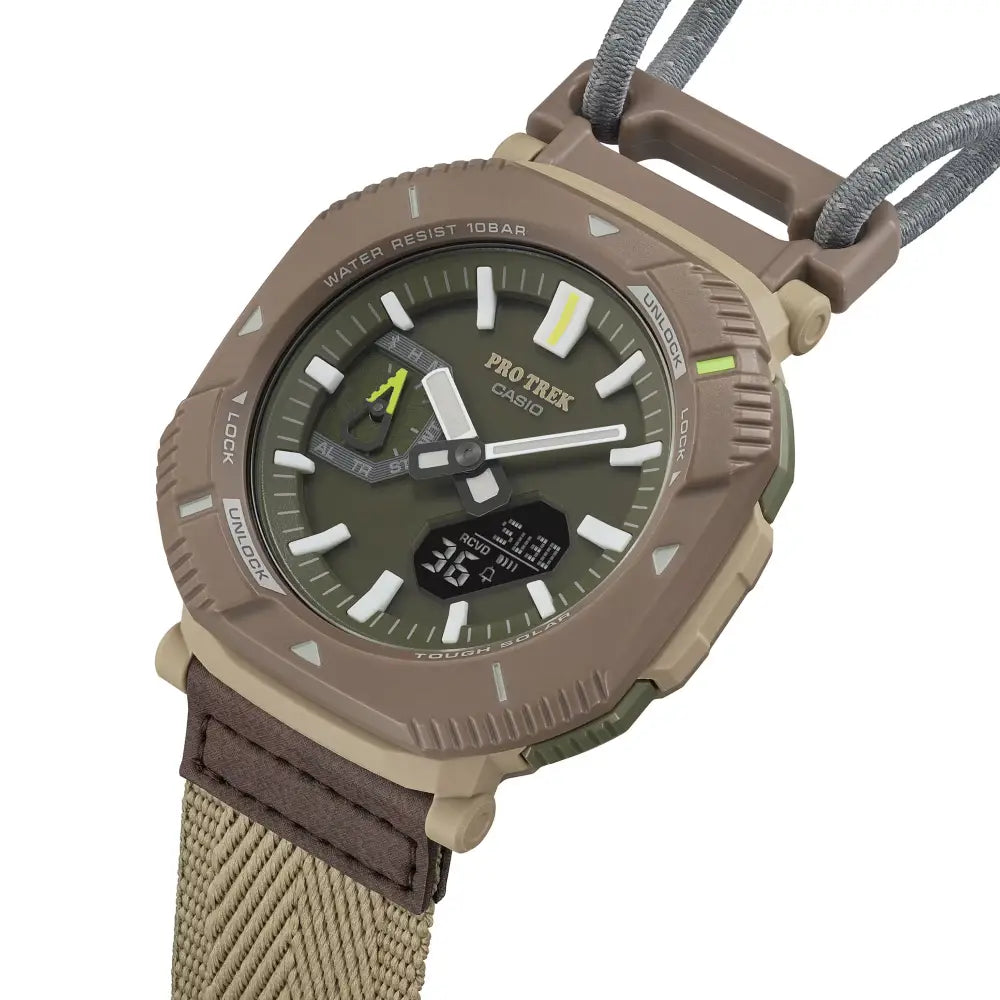Casio ProTrek PRJ-B001B-5DR Analog-Digital Solar Bluetooth "Rotary Guard" Brown Dial Cloth Bungee Strap Men's Watch