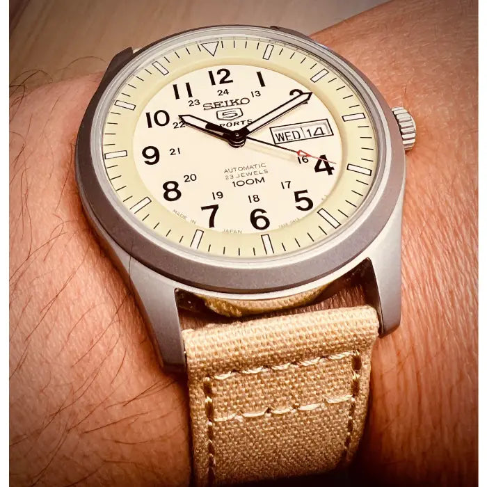 Seiko 5 Sports Military 42 Automatic SNZG07J1 Cream Dial Nylon Strap Men's Watch