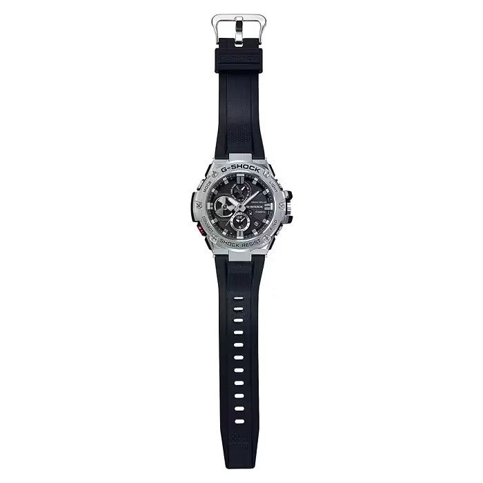 Casio G-Shock GST-B100-1ADR watch dial close-up with red accents
