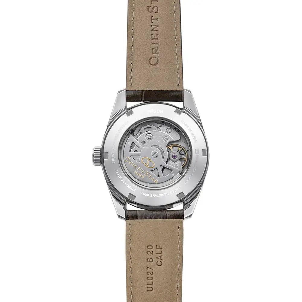Orient Star RE-AU0113Y00B men's watch brown dial leather strap rear view
