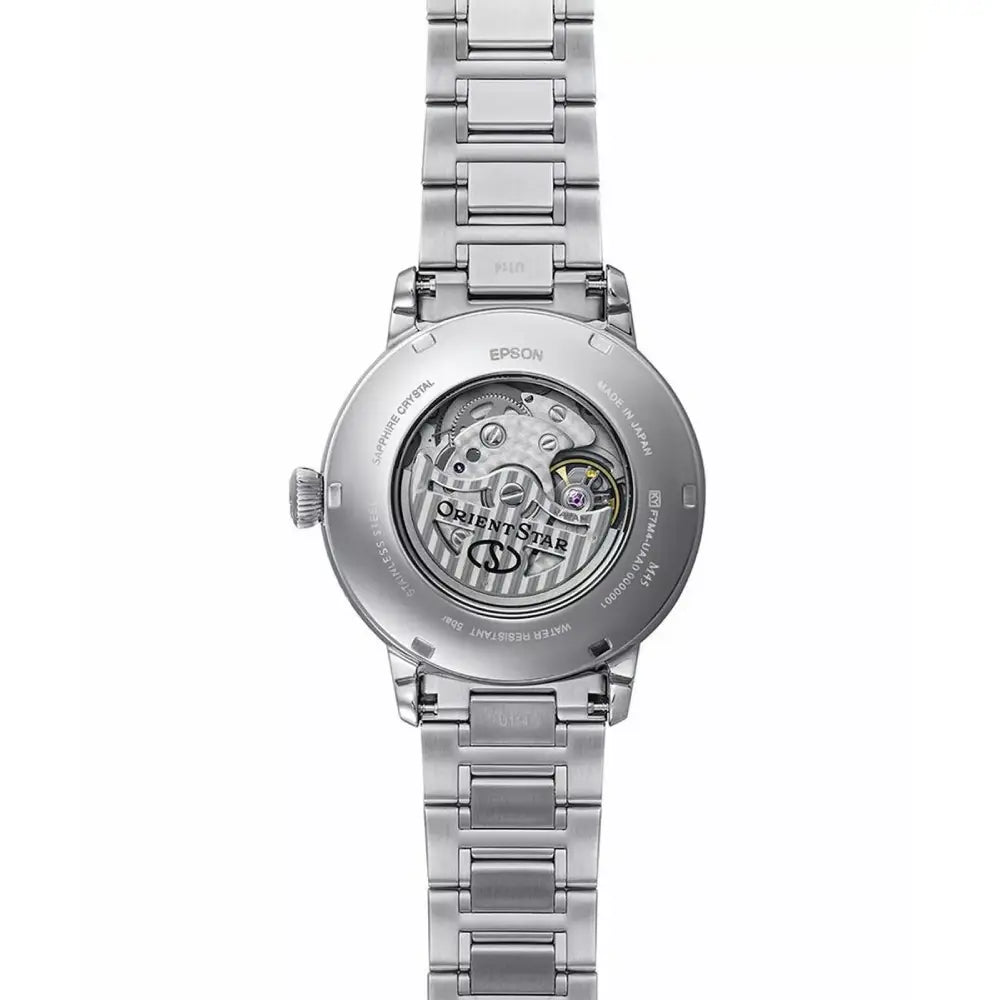 Orient Star Classic M45 F7 RE-BT0006L00B moon phase blue dial 41mm automatic mens watch back view