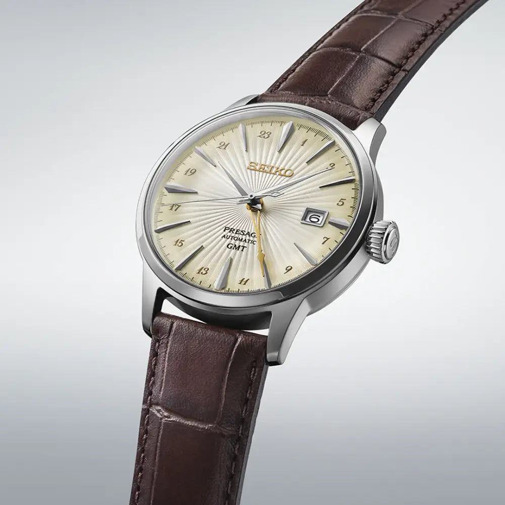 Seiko Presage Cocktail Time Automatic GMT SSK041J1 Beige 40.5mm Dial Leather Strap Men's Watch