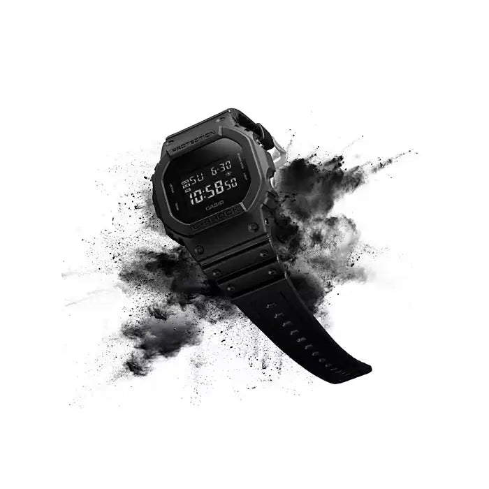 Casio DW-5600BB-1 rugged black digital wrist watch close-up