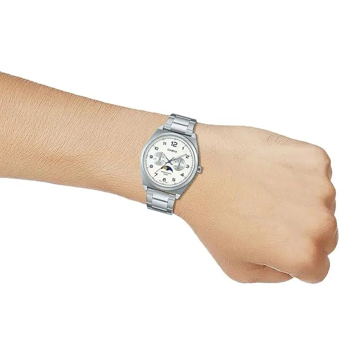 Casio Enticer MTP-M300D-7AVDF Multi-Hand Moon Phase Analog White Dial Stainless Steel Men's Watch