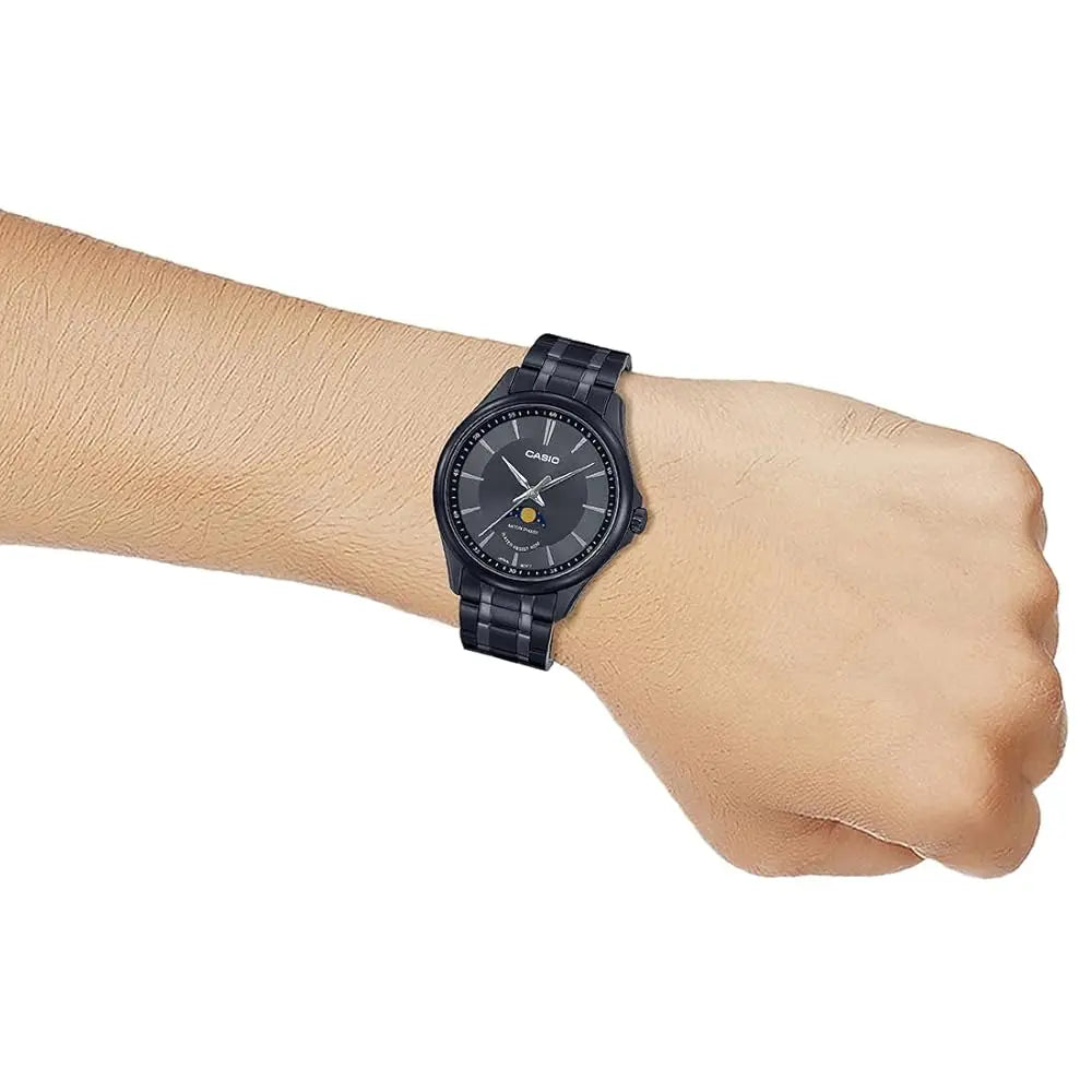 Casio Enticer MTP-M100B-1AVDF Moon Phase Analog Black Dial Stainless Steel Men's Watch