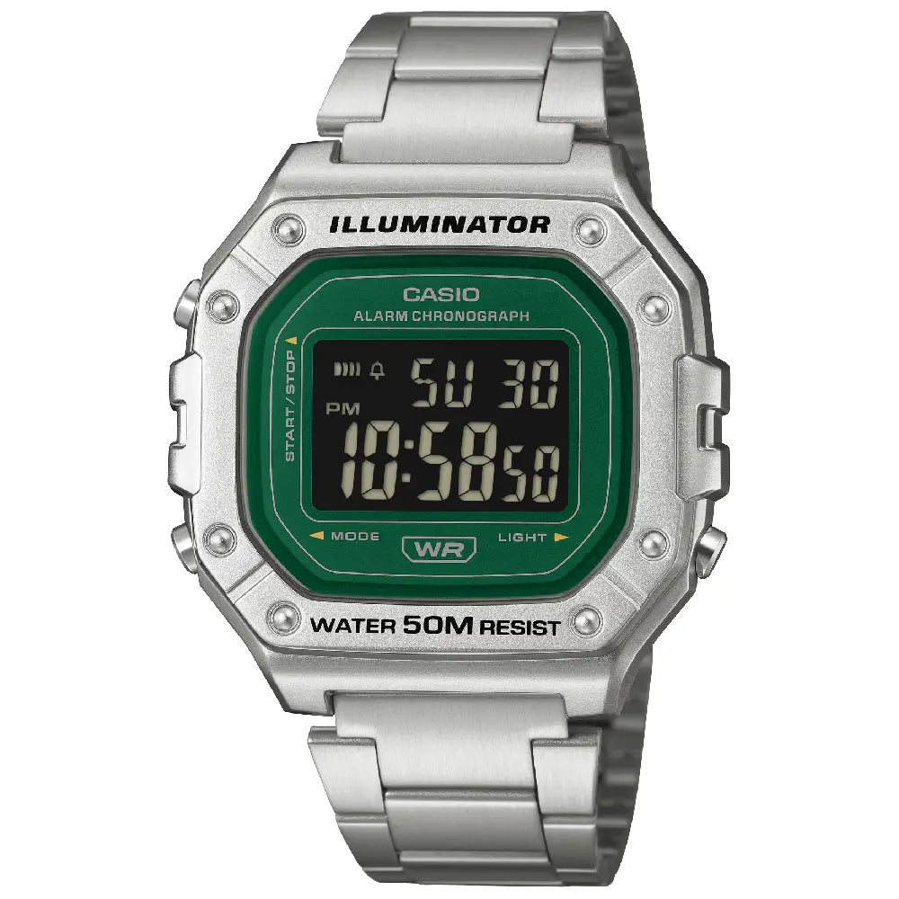 Casio Standard Digital 43.2mm W-218HD-3A Green Dial Stainless Steel Unisex Watch