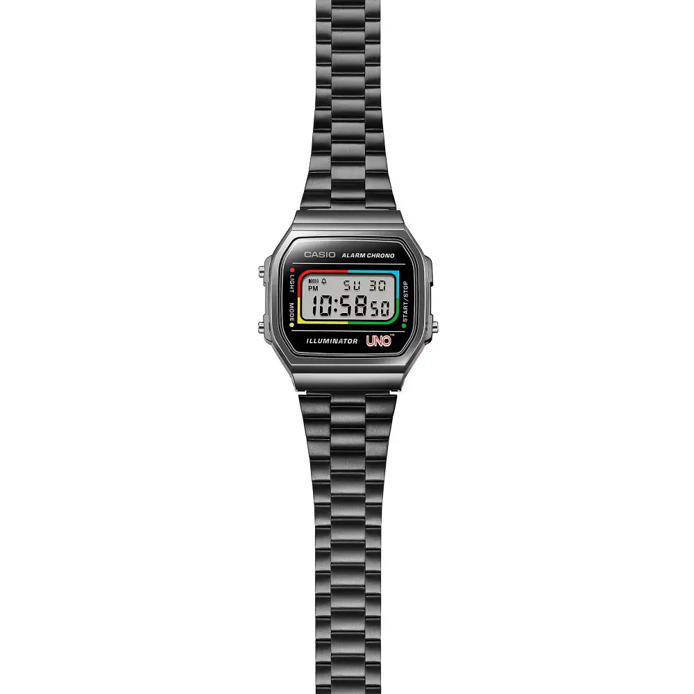 Casio Vintage Digital A168WEUC-1ADR Black with UNO Motif Dial Stainless Steel Unisex Watch