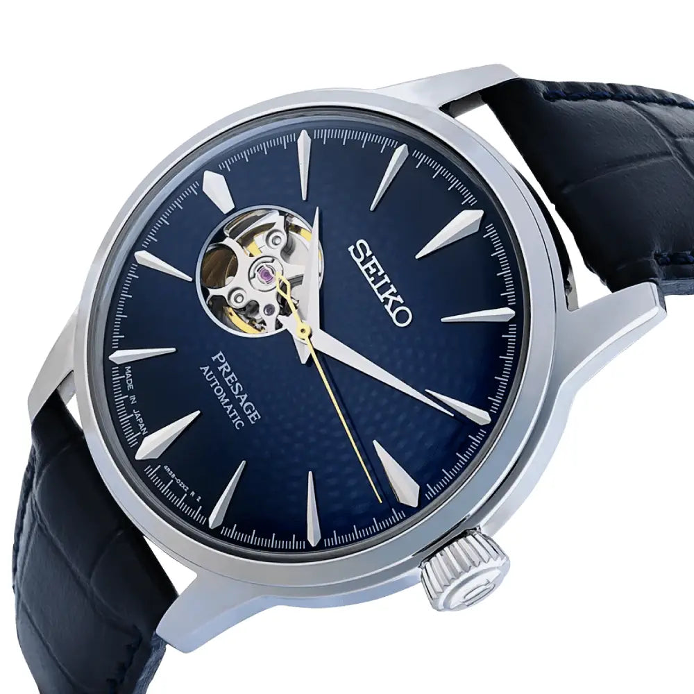 Seiko Presage SSA405J1 Cocktail Time Automatic Open Heart "Blue Moon" Blue Dial 40.5mm Leather Strap Men's Watch