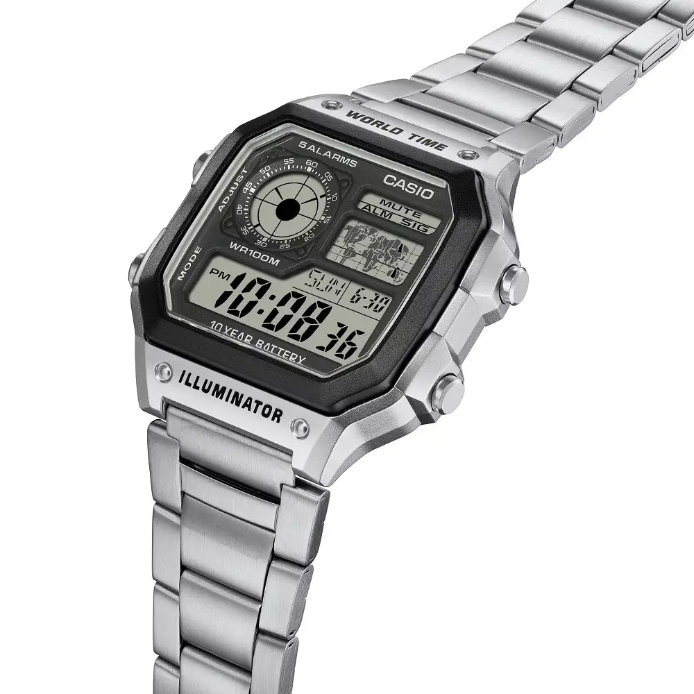 Casio World Time Digital AE-1200WHD-1AVDF Grey/Black Dial Digital and Analog Stainless Steel Men's Watch