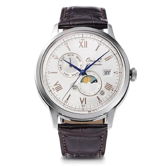 Orient Classic RN-AK0808S (RA-AK0808S) Automatic "Bambino Sun & Moon" 75th Anniversary Limited Edition (5,500 Pieces) White Dial 41.5mm Leather Strap Men's Watch