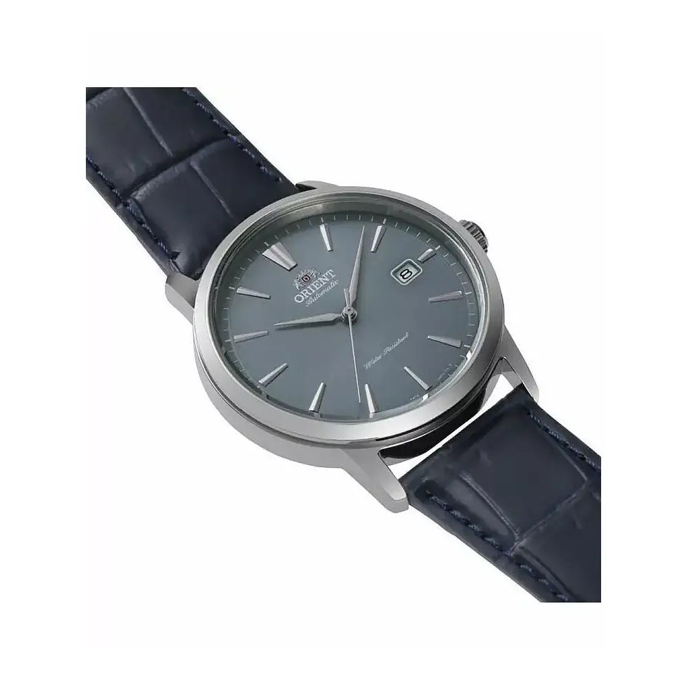 Orient RA-AC0F14L30B blue dial automatic leather strap watch front view