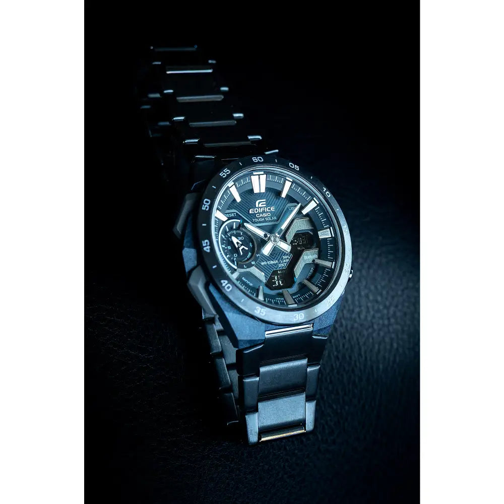 Casio Edifice WindFlow ECB-2200CB-2A Analog-Digital "Race Car Inspired" Solar Bluetooth Blue Carbon Fiber Dial Stainless Steel Men's Watch