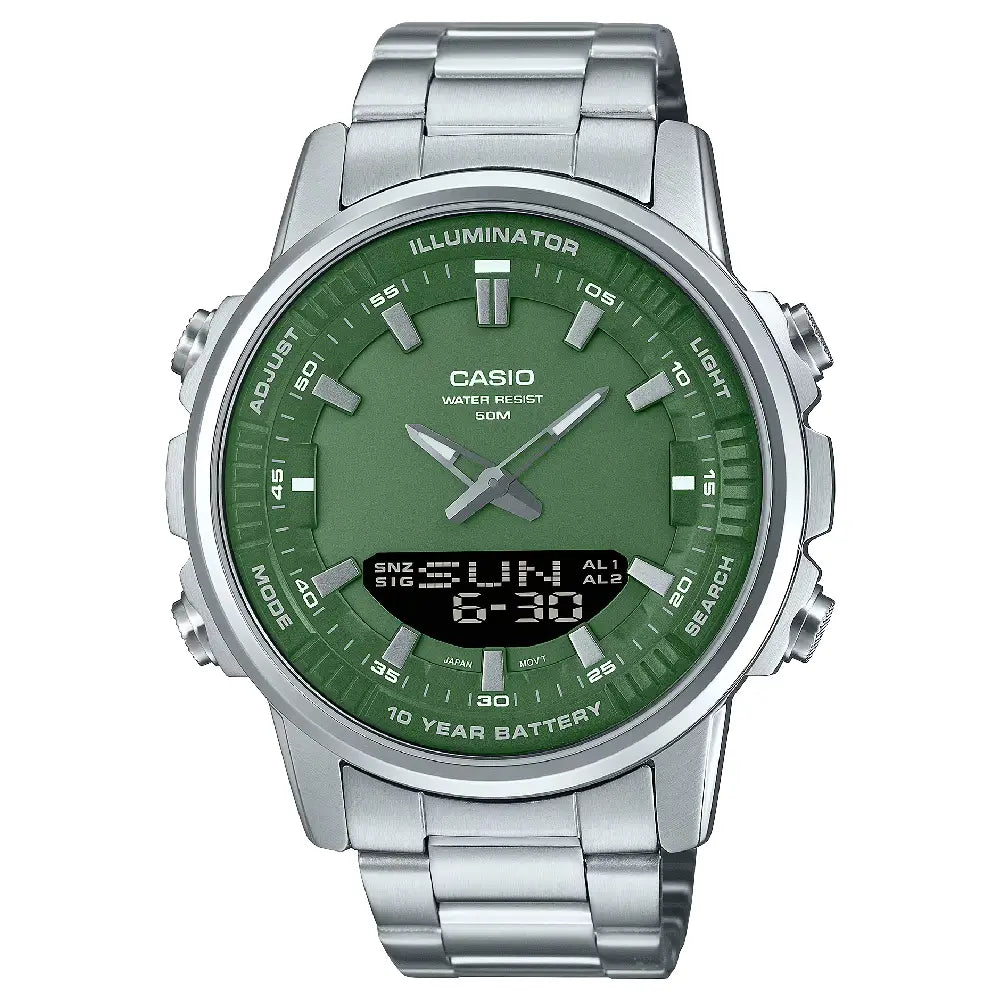 Casio Analog-Digital World Time AMW-880D-3AVDF Green Dial Stainless Steel Men's Watch