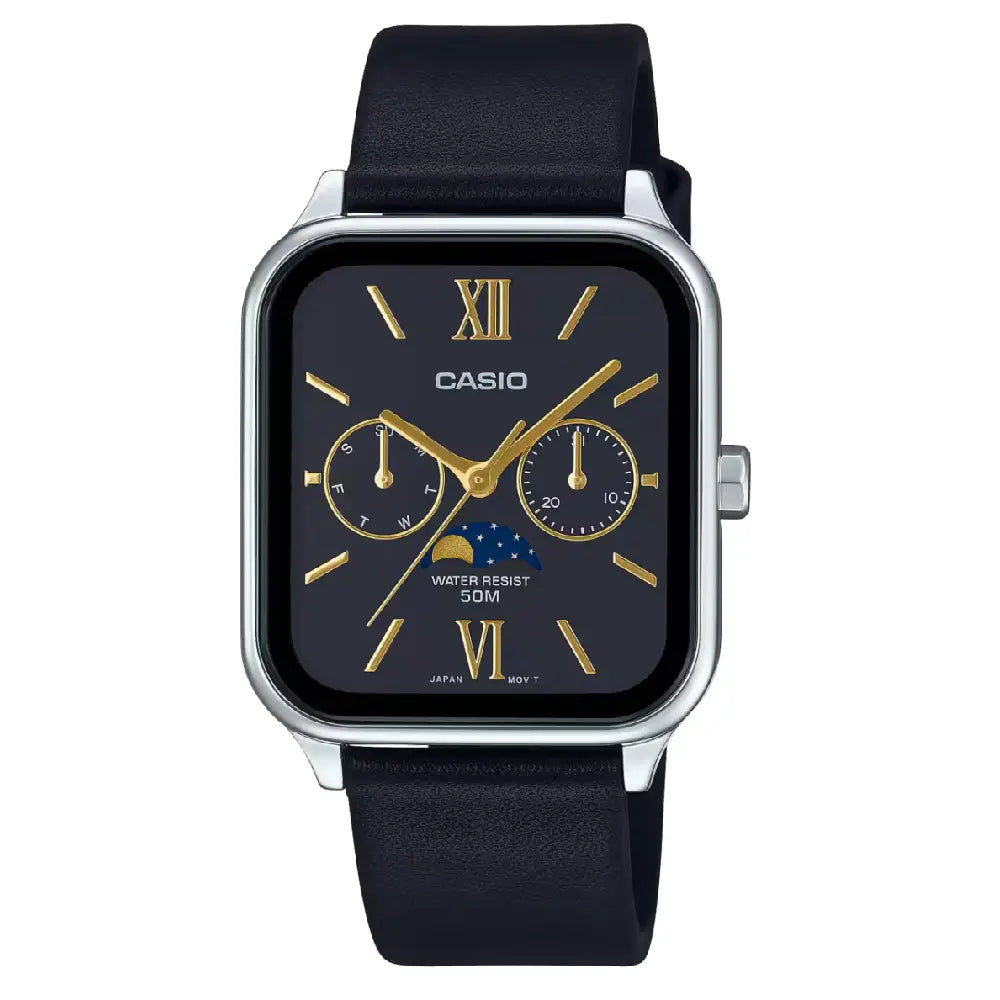 Casio Enticer MTP-M305L-1A2VDF Multi-Hand Moon Phase Analog Black Dial Leather Strap Men's Watch