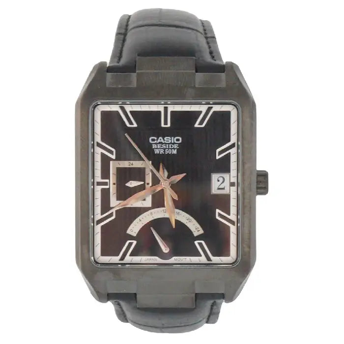 Casio Beside Analog BEM-309BL-1AVDF Black Dial Leather Strap Men's Watch