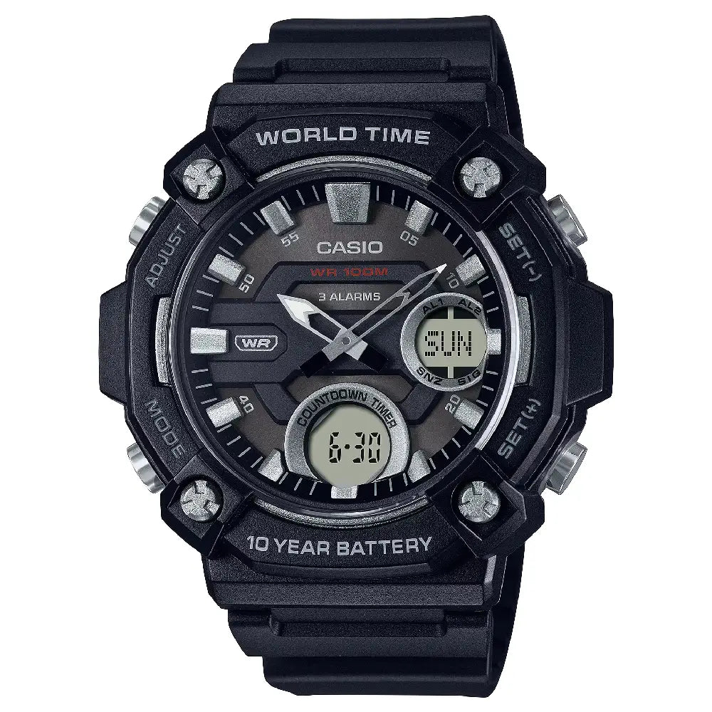 Casio Analog-Digital World Time AEQ-120W-1AVDF with Fishing Timer Black Dial Resin Strap Men's Watch