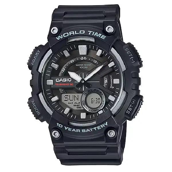 Casio Youth Analog-Digital World Time AEQ-110W-1AVDF Black Dial 52.2mm Resin Strap Men's Watch