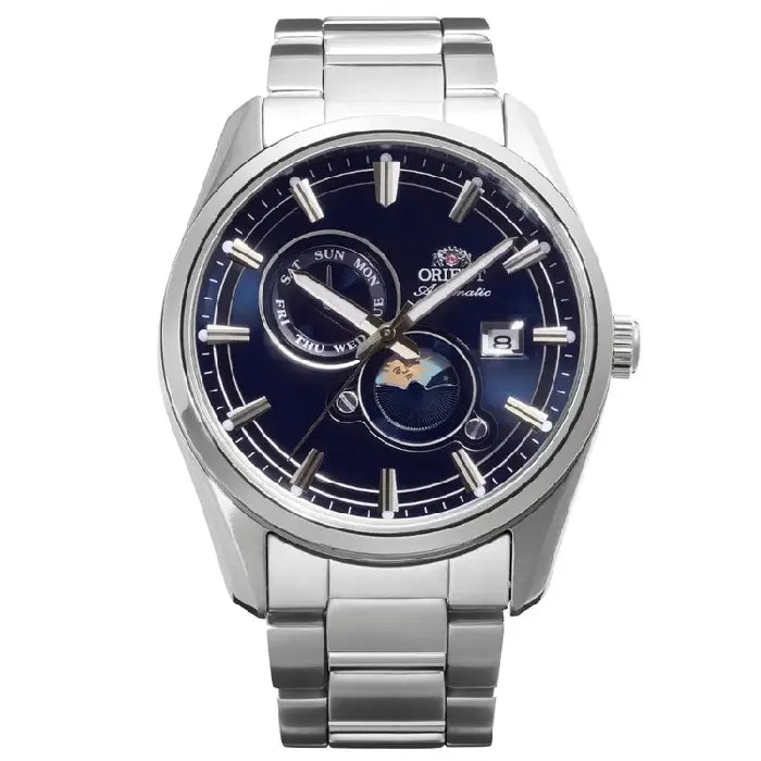 Orient RA-AK0315L blue dial Sun and Moon automatic men's watch 41.5mm stainless steel