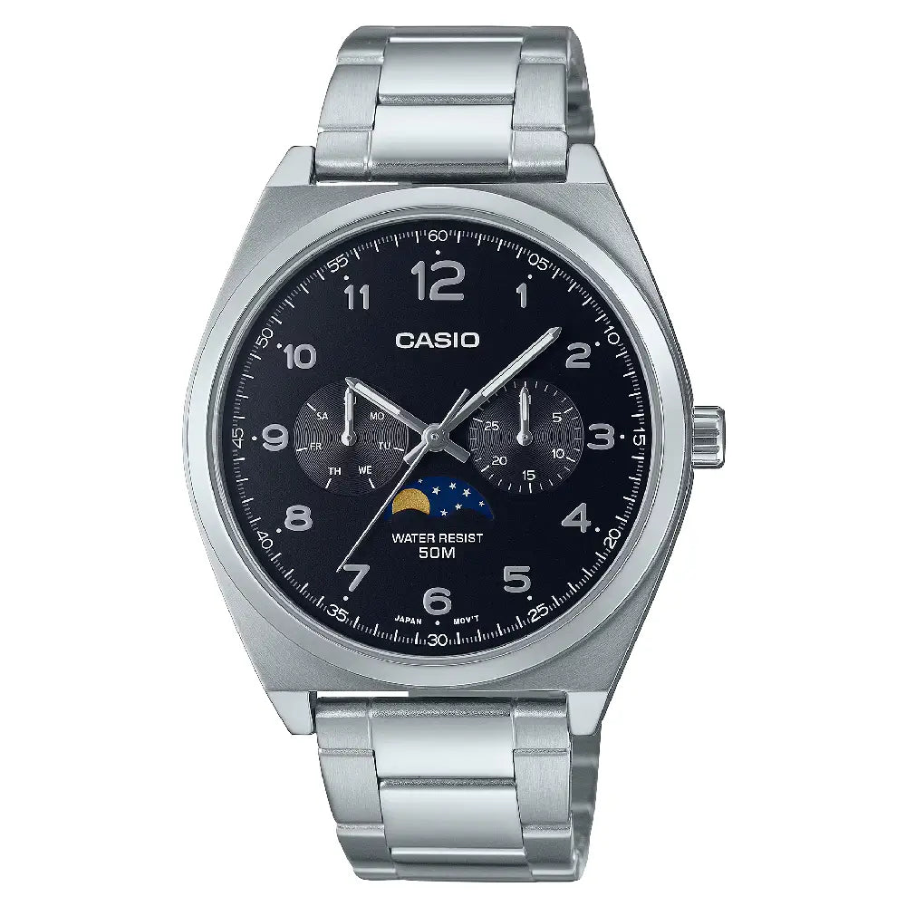 Casio Enticer MTP-M300D-1AVDF Multi-Hand Moon Phase Analog Black Dial Stainless Steel Men's Watch